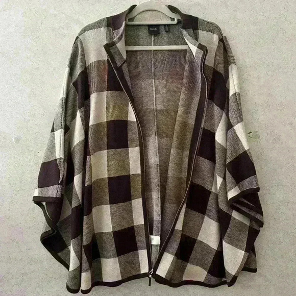 RAFAELLA 1X BROWN/TAN CHECKERED ZIPPERED COMFY FALL WINTER CAREER CAPE‎ - Picture 4 of 7